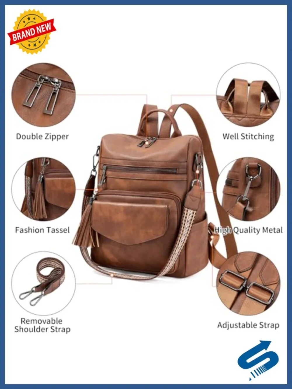 Faux Leather Fashion Backpack Purse Convertible Shoulder Bag with Wristlet